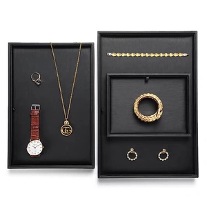 Premium black brushed PU leather jewelry display tray set for rings and watches
