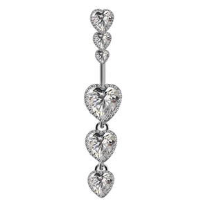 Silver belly button ring featuring teardrop and heart cubic zirconia wing pendants