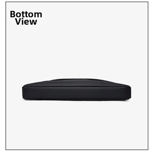 Bottom view of black laptop bag showing thin profile and precise stitching detail