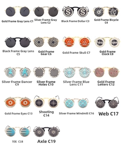 Steampunk flip-up sunglasses with metal frames and various creative lens pattern designs