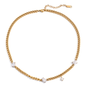 Collier chaîne cubaine en acier inoxydable doré 18K avec zircons taille émeraude