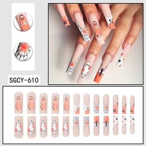 Halloween matte coffin fake nails with orange pumpkin, ghost and spider web designs