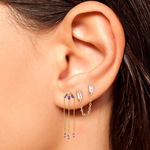 Detailed view of S925 silver gold tassel earrings with purple marquise zircon