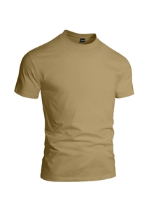 Detail of khaki cotton T-shirt neckline with FASHION logo and size L tag on white background