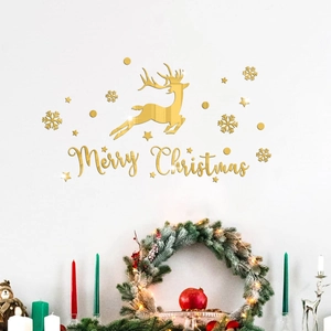 Golden Christmas mirror acrylic wall stickers with reindeer and Merry Christmas letters