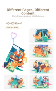 Detail of dinosaur cloth book featuring sensory tails and hanging hook for early learning
