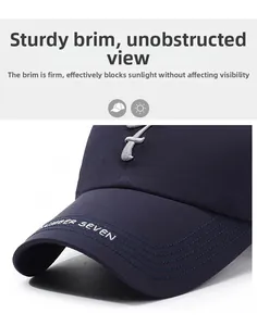 Detail of navy baseball cap with white Number Seven embroidery on a sturdy brim