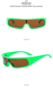 Detail view of fluorescent green punk sunglasses with brown lenses from multiple angles