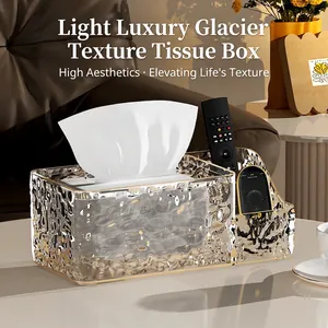 Glacier texture multi-functional tissue box with gold trim and remote control organizer