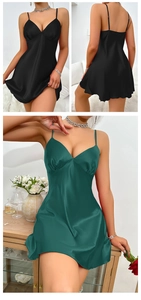 Detailed view of silk satin nightdress featuring slim straps and deep V-neckline