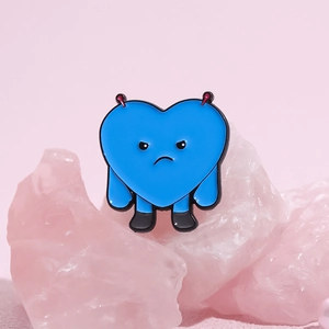 Blue heart enamel pin with grumpy face on pink crystal stone, cute metal badge brooch