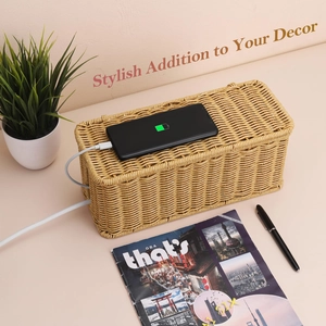 Minimalist rattan weave cable management box for power strip organization and decor