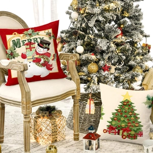 Vintage Christmas pillow covers with Santa and snowman prints for holiday home sofa decor