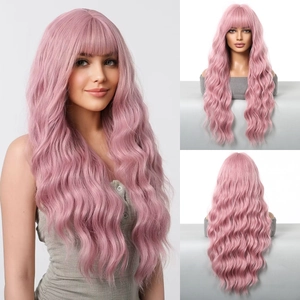 Detail view of pink long wavy wig with bangs shown on model and mannequin head