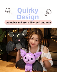 Detail of bat plush toys with leather wings and soft fur in a cozy cafe setting