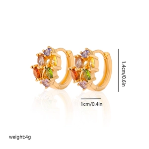 Detailed view of gold hoop earrings with multi-colored cubic zirconia and size dimensions