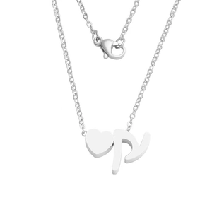 Detail of silver heart and letter P pendant on a fine stainless steel chain