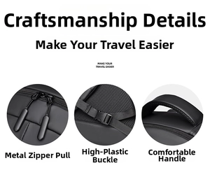Detail view of large capacity backpack with metal zippers, plastic buckles, and padded handle