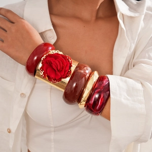Vintage Exaggerated Bracelet Bangles Resin Marble Texture Alloy Geometric Big Rose Flower Decor Statement Jewelry Women