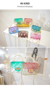 Detail of mini jelly bag with pearl handle, diamond lattice texture and gold turn-lock