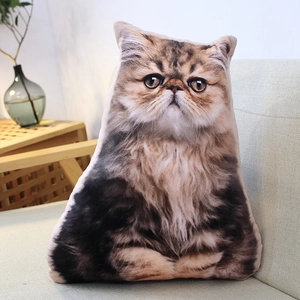Realistic cat plush pillow with Persian cat print on a beige sofa in a cozy home setting