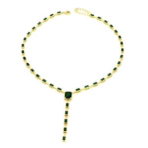 Gold bamboo chain necklace with rectangular emerald zircon pendants for women