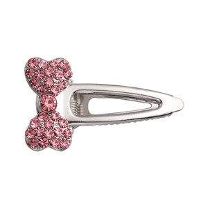 Pink rhinestone heart bow metal hair clip for women with elegant silver finish