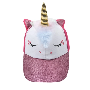 Detail of pink sequin brim and unicorn horn decoration on children's baseball cap