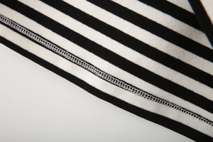 Close-up of black and white striped knit fabric showing fine stitching and texture