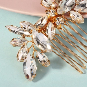 Exquisite bridal hair comb with marquise rhinestones and gold leaf wire design