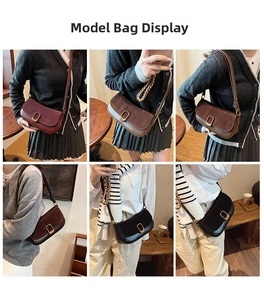 Detail shots of matte suede patchwork crossbody bag in deep red, brown and black colors