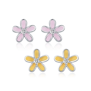 Elegant S925 sterling silver flower stud earrings with pink and yellow petals and zircons