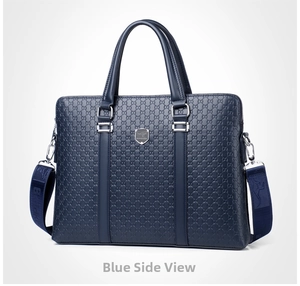 Detailed view of deep blue business briefcase featuring embossed monogram and metal logo