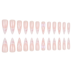 Pink ballet style press-on nails with 3D bows and lace patterns on long almond shape nails