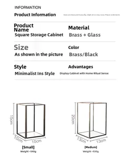 Size chart for gold minimalist glass storage display box with dimensions and weight specs