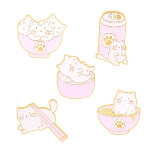 Lot de 5 broches chat mignon japonais en émail rose et blanc avec contours en métal doré