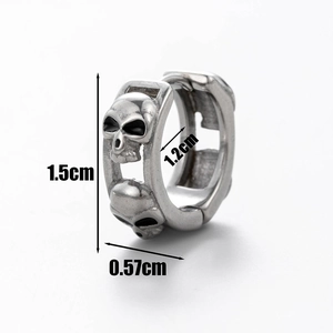 Men's silver stainless steel skull hoop earring with 1.5cm height and dimension specs