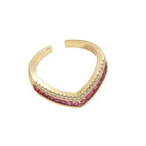 14K gold plated V-shaped open ring with red baguette stones and pavé crystals