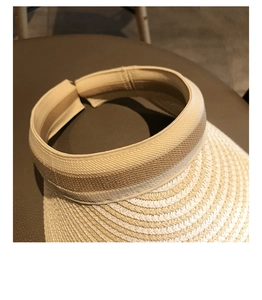 Close-up of woven spiral texture on beige straw sun visor with wide headband