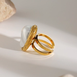 French vintage 18k gold plated stainless steel open ring with baroque pearl detail