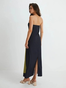 Elegant halter neck backless dress with black and olive green split design and side slit