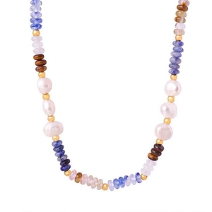 Natural gemstone beads and freshwater pearl necklace with gold-tone accents