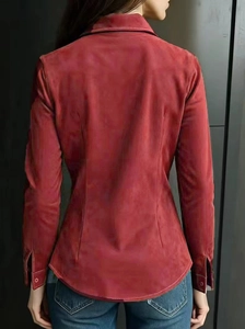 Detailed back view of a slim-fit dark red faux suede long-sleeve shirt for women