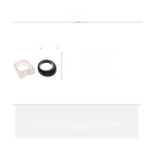 Detailed view of two-piece acrylic ring set in clear and black with size and weight specs