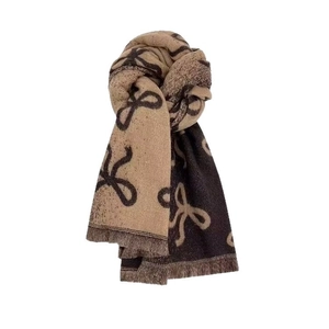 Thick brown bow-knot knit scarf for women with soft tassel trim and dual-tone design