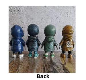 Back view of four hooded Halloween skull figurines in blue, green, and brown tones