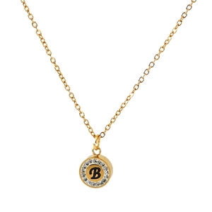 18K gold plated stainless steel letter B necklace with sparkling diamond-set circular pendant