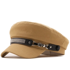Khaki cotton sailor cap with rhinestone leather band and metallic buckle detail