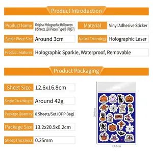 Autocollants Halloween holographiques en vinyle lot de 8 feuilles avec 160 décalcomanies