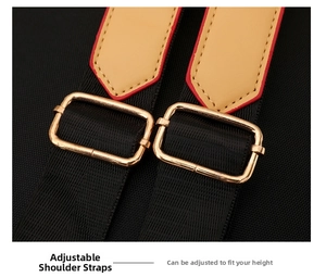 Detail of adjustable nylon straps with golden buckles and reinforced leather trim